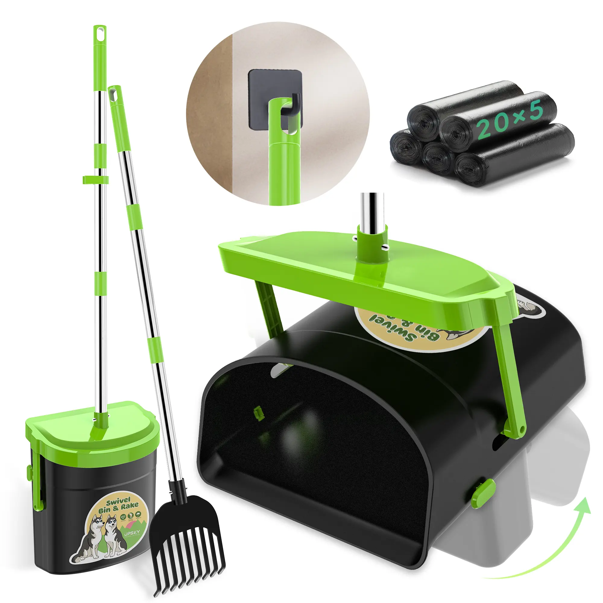 Pooper Scooper Swivel Bin & Rake with 100 Waste Bags, Dog Pooper Scooper Bags Attachment, Long Handle, Metal Design, Green Color