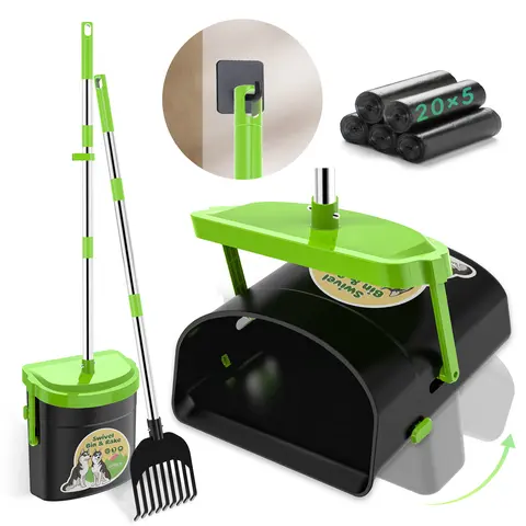 UPSKY Outdoor Dog Poop Scooper Kit, 33.4-in Adjustable Ergonomic Handle, Swivel Bin & Rake with Hook & Slip-Free Bag Clip, Metal Parts, Green Design, 100-Bag Attachment, Bug Resistance, Clean, Fits Most Sizes