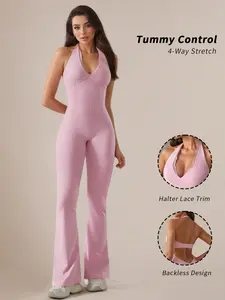 Women's V Neck Lace Jumpsuit Yoga, Backless Tight Fit Quick-Dry Sportswear, Micro Flare Long Pants for Gym Home Comfort