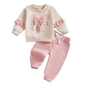 Baby Girls 2-piece Outfit, Long Sleeve Crew Neck Bow Sweatshirt with Elastic Waist Sweatpants Fall Clothes