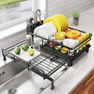 Adjustable Drain Rack for Kitchen Countertop, Large Sink Drainer with Utensil Holder, Stainless Steel Dish Basket, Durable and Space-Saving