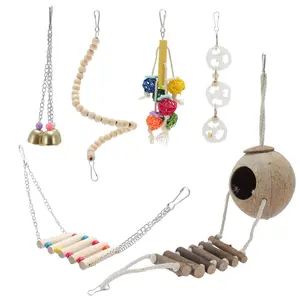 VOCOSTE Cockatiel Toys, Bird Toys, 6 Pcs Multifunctional Natural Coconut Hideaway with Ladder Swing Hanging Bell Toy, Parrot Toys, Bird Cage Accessories