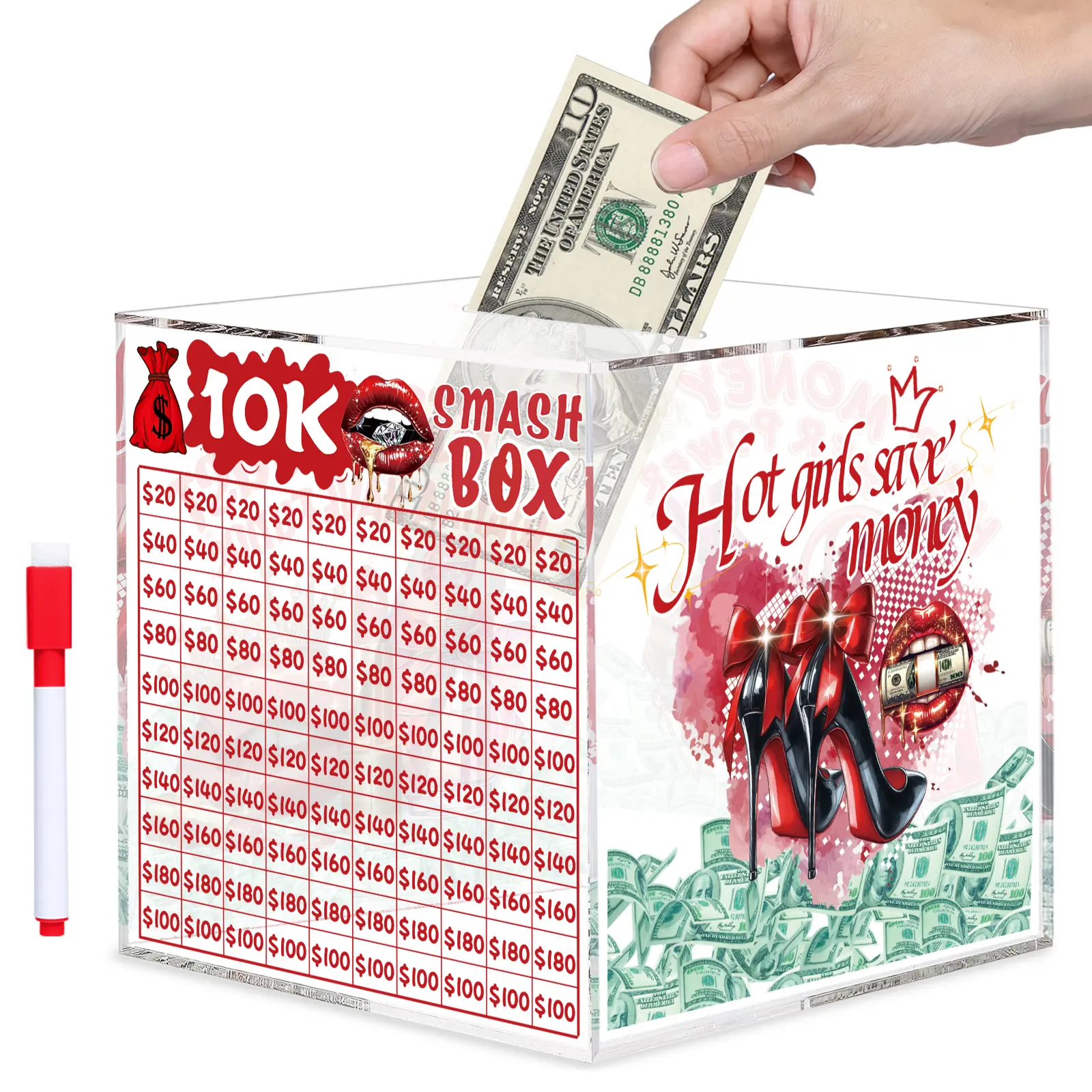 10k Smash Box for Money Saving Challenge, Unbreakable Piggy Bank for Adults, 10000 Savings Box for Cash Big Clear Acrylic Money Saver Must Break to Open