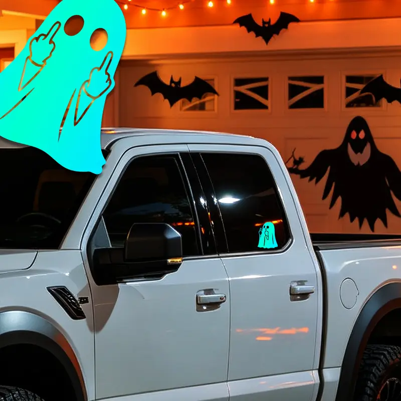 Reflective Ghost with Attitude PVC Sticker, Durable PVC for Daily Use, 2/4 Pack Value Middle Finger Decal for Cars/Motorcycles, Halloween Window & Car Paint Accessory