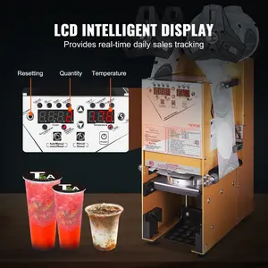 VEVOR Fully Automatic Cup Sealing Machine, 500-650 Cups/H, Cup Sealer Machine for 180 mm Tall 90/95 mm Cup, Electric Boba Tea Sealer with Digital Control LCD Panel for Bubble Milk Tea Coffee, Gold