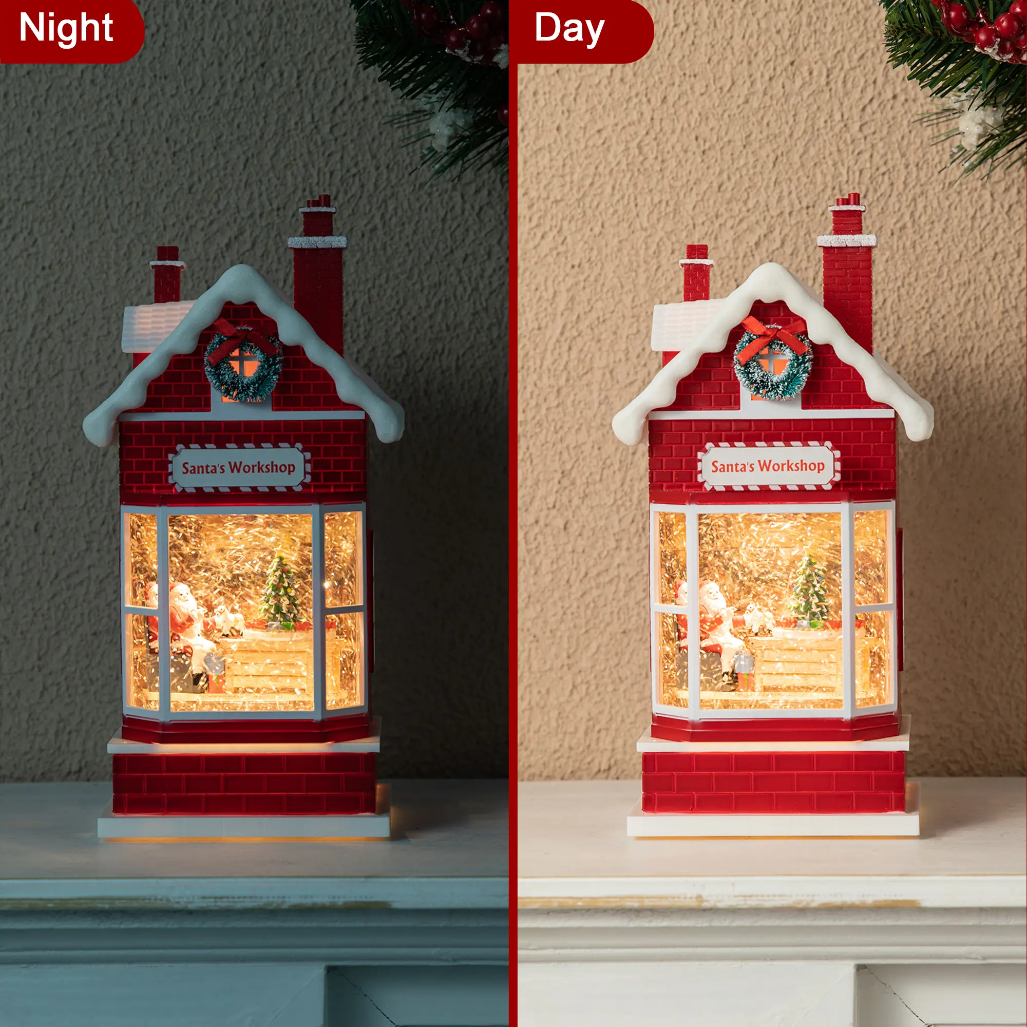 Glitzhome 10.5"H Santa's Workshop Waterglobe Lantern with Glowing LED Lights, Holiday Decoration Lights, Scene Decorations and Timer