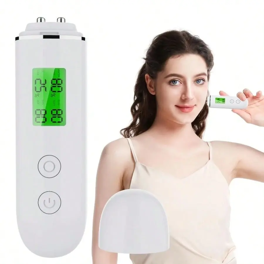 Smart Device For Measuring Skin Hydration And Oil Levels, Featuring A Fluorescent Agent Detector And An LCD Display For Facial Moisture Assessment