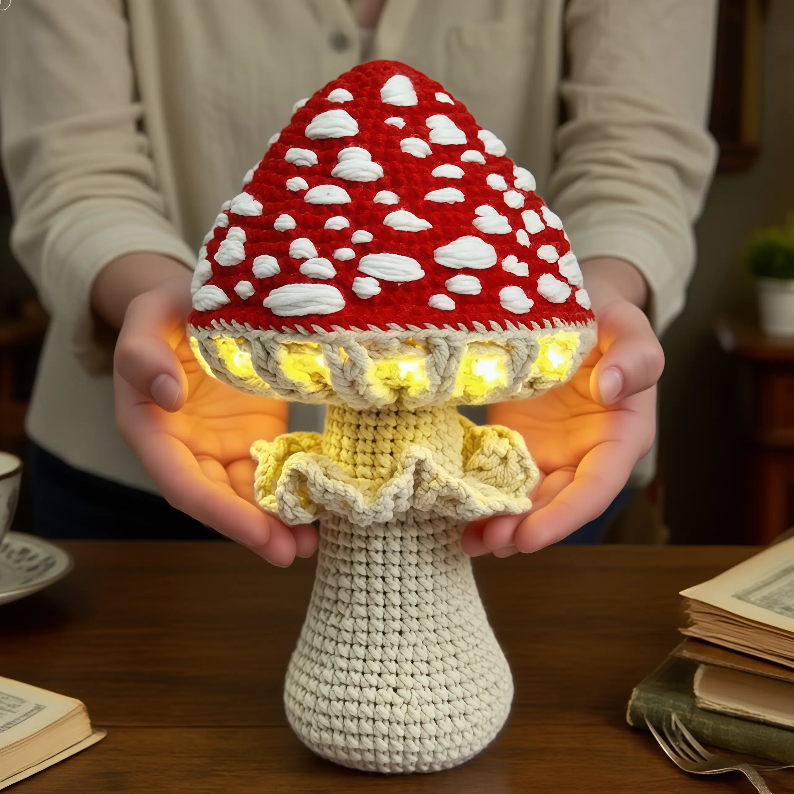 LED Crochet Mushroom Night Light - Plug-in Bedside Lamp for Girls' Room, Kids' Room & Aesthetic Bedroom Decor,Ideal Gift for Valentine's Day, Christmas & Halloween (Great for Children, Women & Teens! Includes Free Crochet Mushroom Pendant)