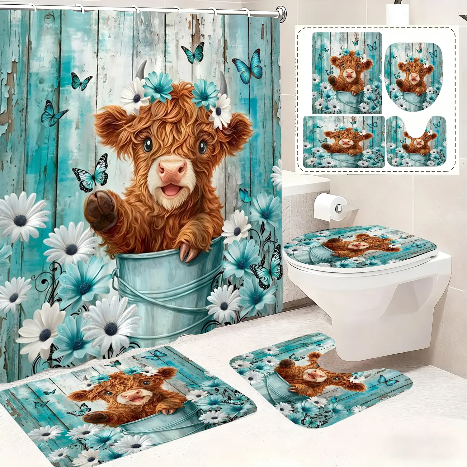 Farmhouse 4-Piece Bathroom Shower Curtain Set - Highland Scottish Cow & Blue Floral Design, Includes Shower Curtain with Hooks, Bath Mats & Toilet Cover decor
