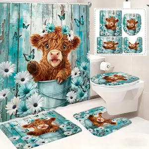 Farmhouse 4-Piece Bathroom Shower Curtain Set - Highland Scottish Cow & Blue Floral Design, Includes Shower Curtain with Hooks, Bath Mats & Toilet Cover decor