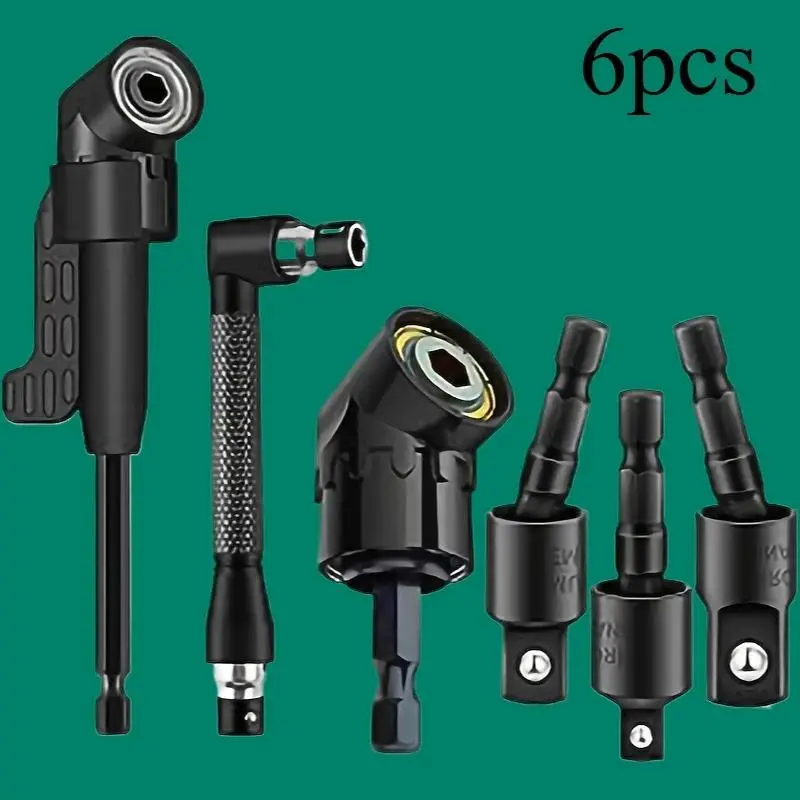6pcs Right-Angle Drill Bit Accessory Set, Includes 3 360 ° Rotatable Impact Grade Socket Adapters, 2 105 ° Hex Shank Angle Drill Adapters, 90 ° Bevel Drill Bits, Multi-function Tool Kit Set, Drill Attachment