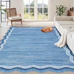 Scalloped Washable Rug 9x12 Area Rugs for Living Room Modern Solid Carpet for Bedroom Abstract Irregular Scalloped Non-Slip Low-Pile Accent Carpet for Farmhouse Dining Room Blue 9x12
