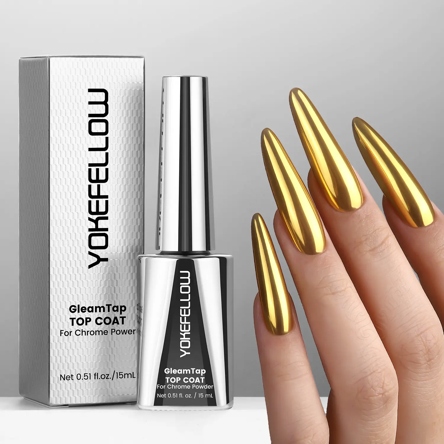 YOKEFELLOW GleamTap Top Coat for Chrome Powder -  HEMA & TPO Free Friendly Formula 15ML Soak off Chrome no-wipe Top Coat with Maximum Retention Great for Creating Mirror Chrome Nails