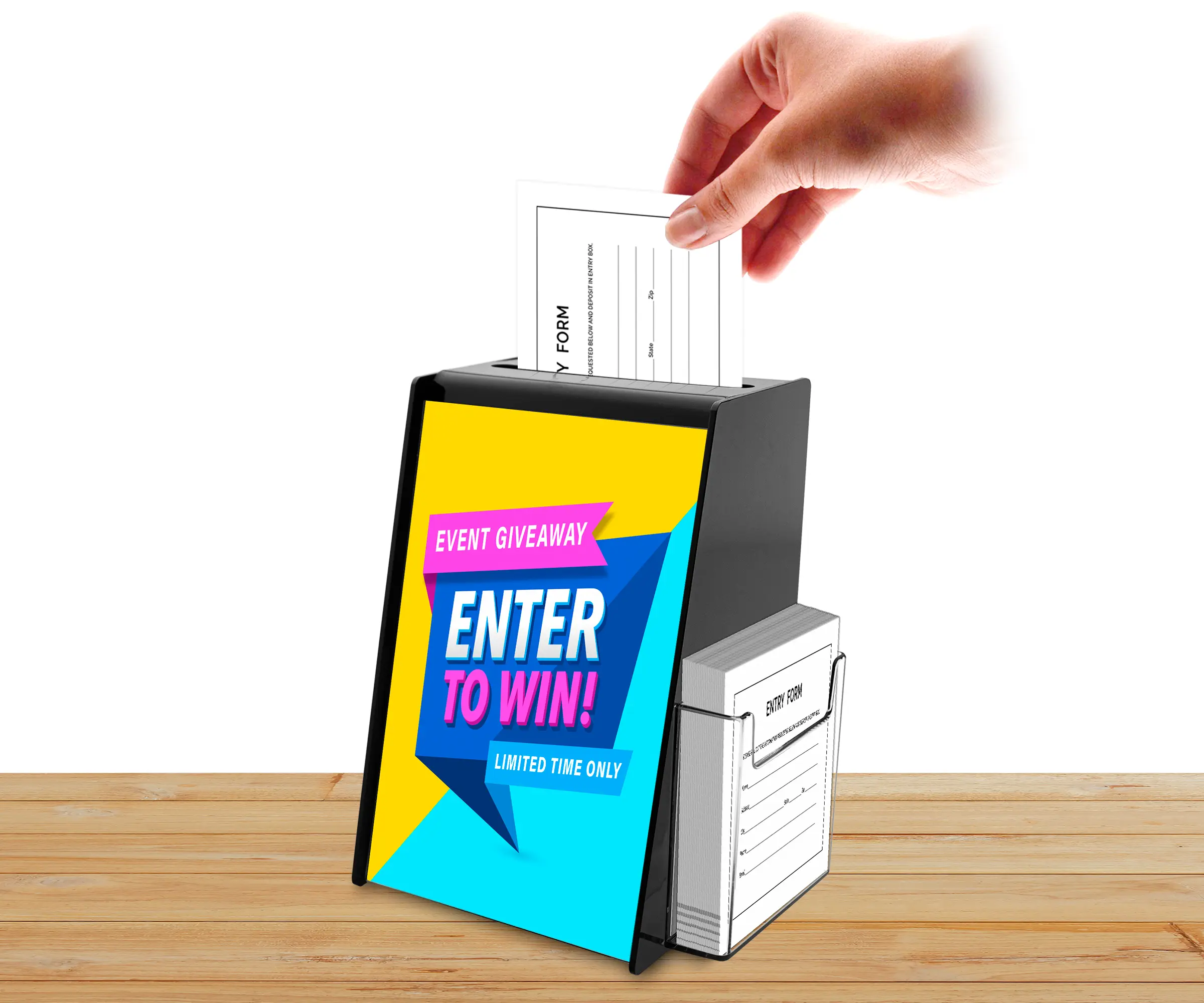 5.75” x 5.5" x 8.75" Locking Ballot Box Black Acrylic with 5.5" x 8.5" Slide in Header Sign Holder and Pocket on the Side Countertop Donation Bin by 321 Plastics