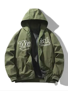 Men's Hooded Embroidered Fitted Jacket, New York Lettering for American Street Style, Simple Retro Sports Look, Casual Fashion Outerwear