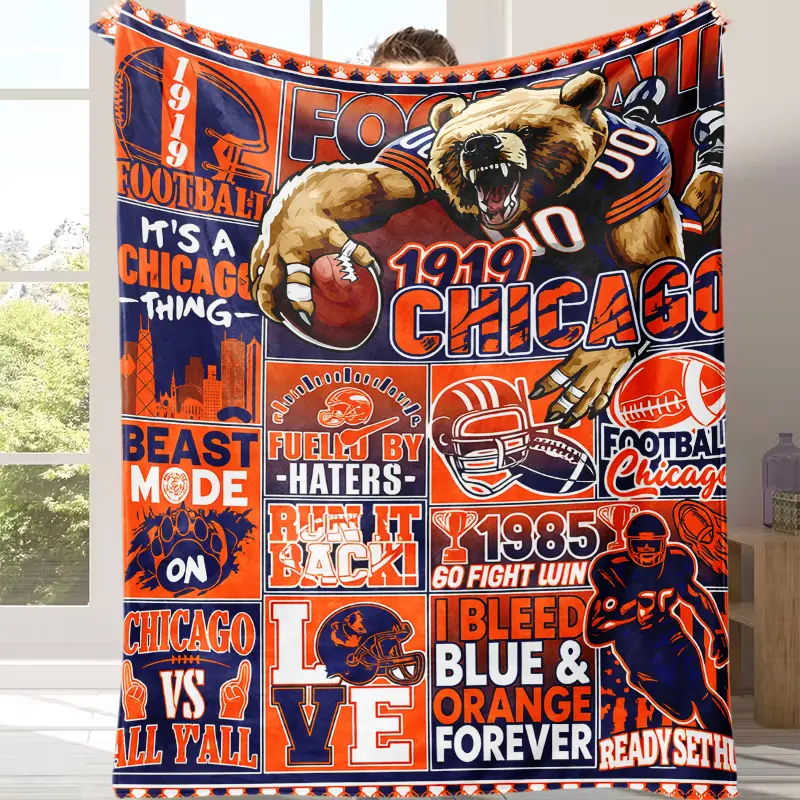 Vintage Football Grid Collage Mascot Graphic Flannel Throw Blanket - Versatile Flannel Fabric Blanket with Retro Sports Slogan, Soft Plush Fleece, Bed & Sofa Decor, Perfect Gift for Football Lovers