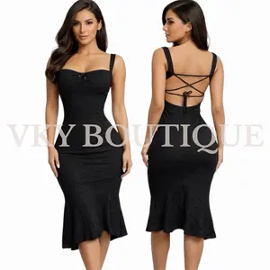 Black Lace-Up Back Bodycon Dress with Flounce Hem for Women BD