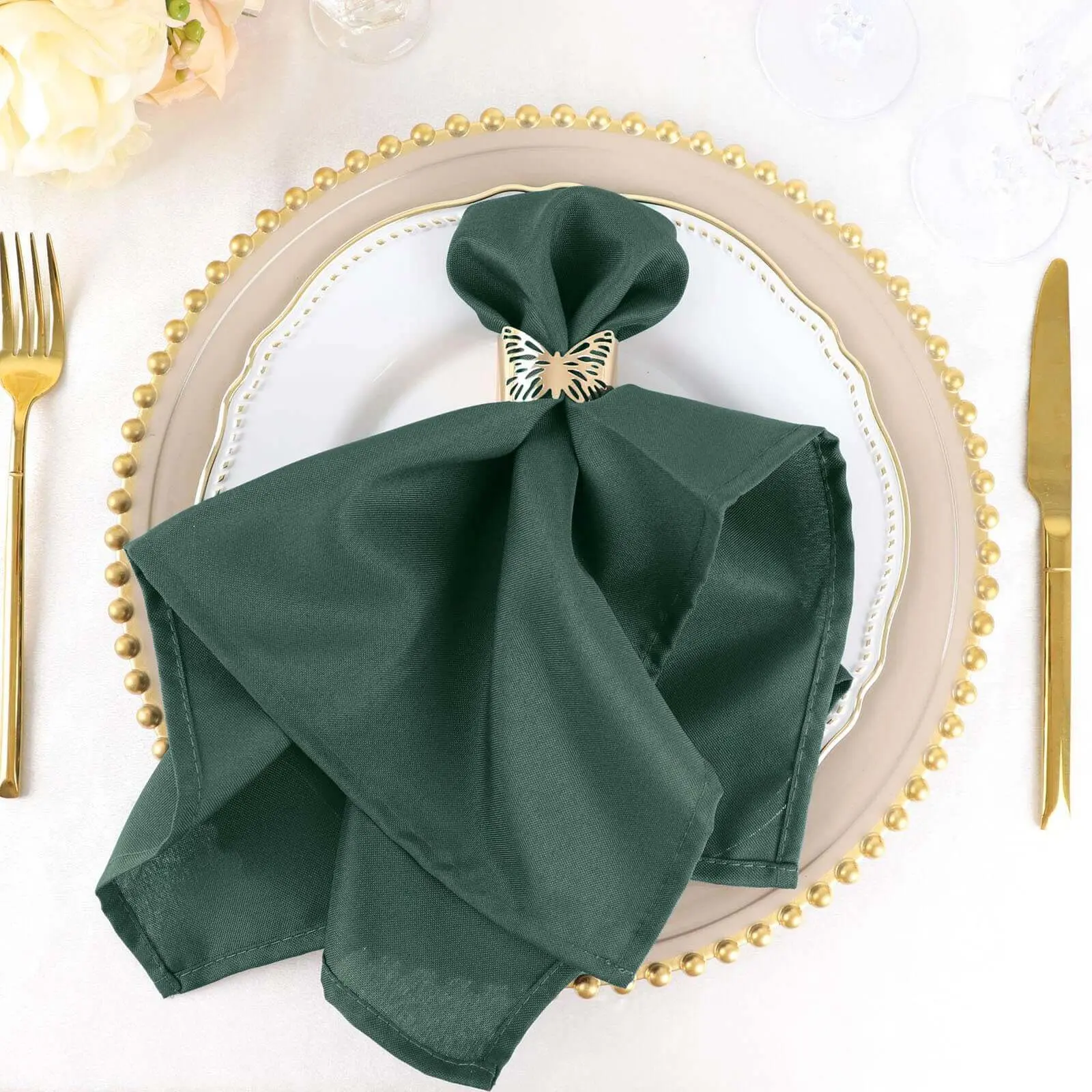 Premium Polyester Fabric Tableware Napkins, 5-Pack 20"x20" Hunter Emerald Green Solid Folded Napkins - Durable, Wrinkle-Free for Birthday Occasions, Restaurant Tableware Compatible