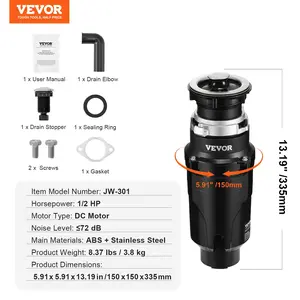 VEVOR Garbage Disposal, 1/2HP 3450RPM Continuous Feed Food Waste Disposer, EZ Connect Food Waste Grinding System with Power Cord Splash Guard for Kitchen Sinks