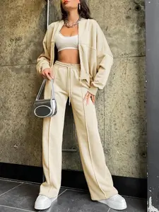 Women's Solid Drop Shoulder Zip Up Jacket & Drawstring Pocket Pants Two-Piece Set, Casual Fashion Cozy Breathable Two Piece Outfits for Daily Outdoor Wear, Women Clothes for Fall & Winter, 2 Piece Sets Women, Workout Clothes, Gym Clothing