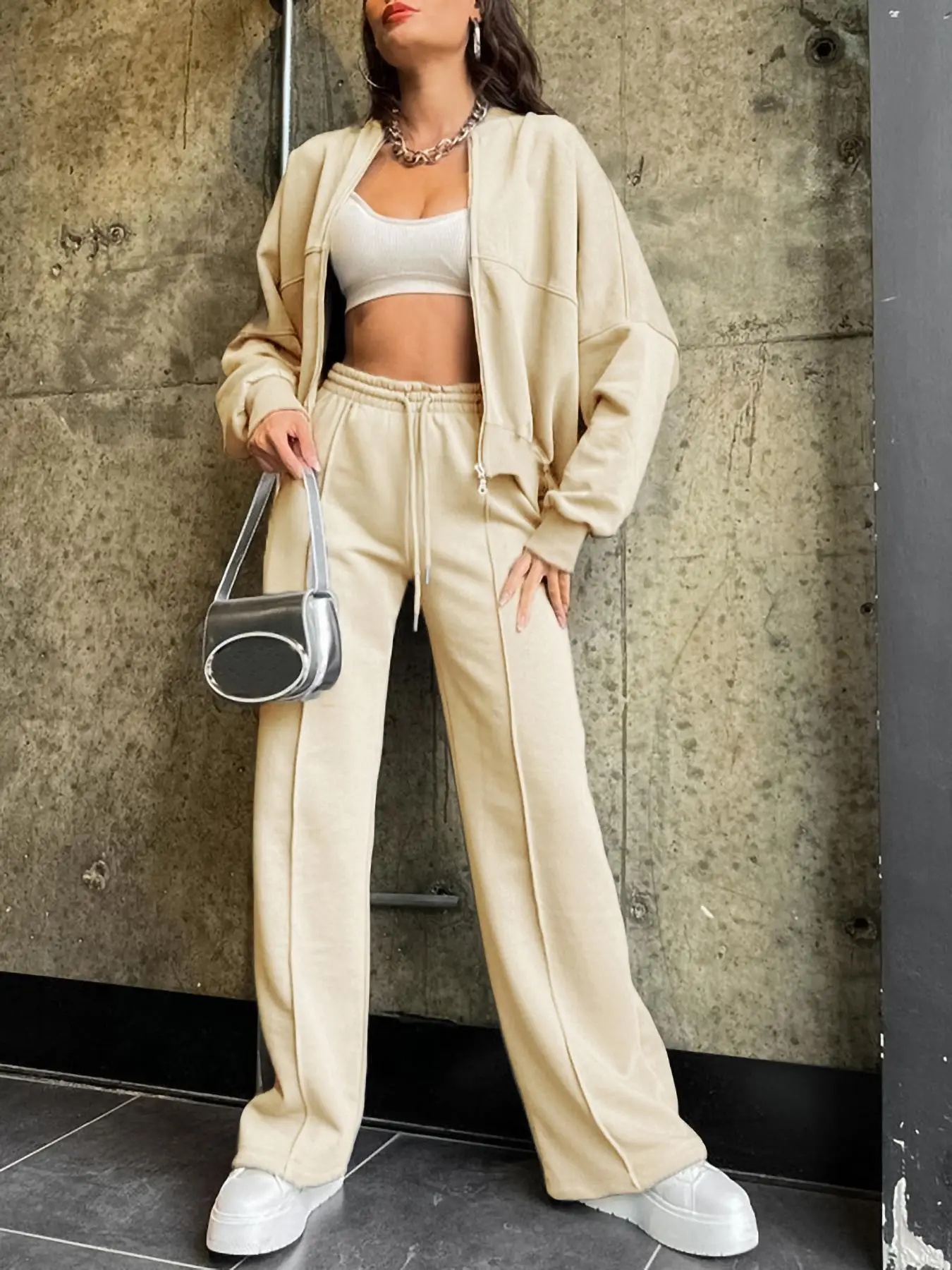 Women's Solid Drop Shoulder Zip Up Jacket & Drawstring Pocket Pants Two-Piece Set, Casual Fashion Cozy Breathable Two Piece Outfits for Daily Outdoor