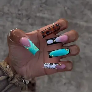24 Pcs Long Square Nail Tips, Animal Print & Color Block Design, Turquoise, Tortoiseshell, Zebra, Gold Rivets, Glossy Reusable False Nails