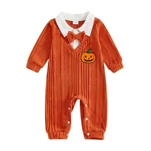 Baby Boy Halloween Corduroy Romper Pumpkin Embroidery Long Sleeve Gentleman Polo Bow Tie Dress Shirt Overalls Jumpsuit