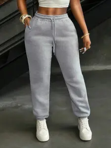 Women's Solid Color Waist Pocket Jogger Pants, Casual Sports Trousers, Comfortable Thickened Long Sweatpants for Fall & Winter, Sporty Loose Fit Design