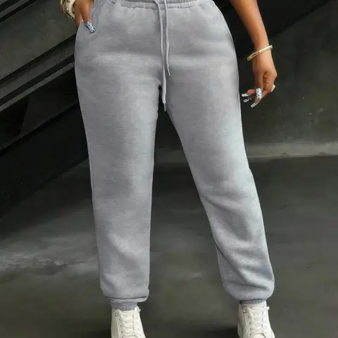 Women's Solid Color Waist Pocket Jogger Pants, Drawstring Sports Pants, Sports Jogging Pants, Casual Sports Trousers, Comfortable Thickened Long Sweatpants for Fall & Winter, Sporty Loose Fit Design