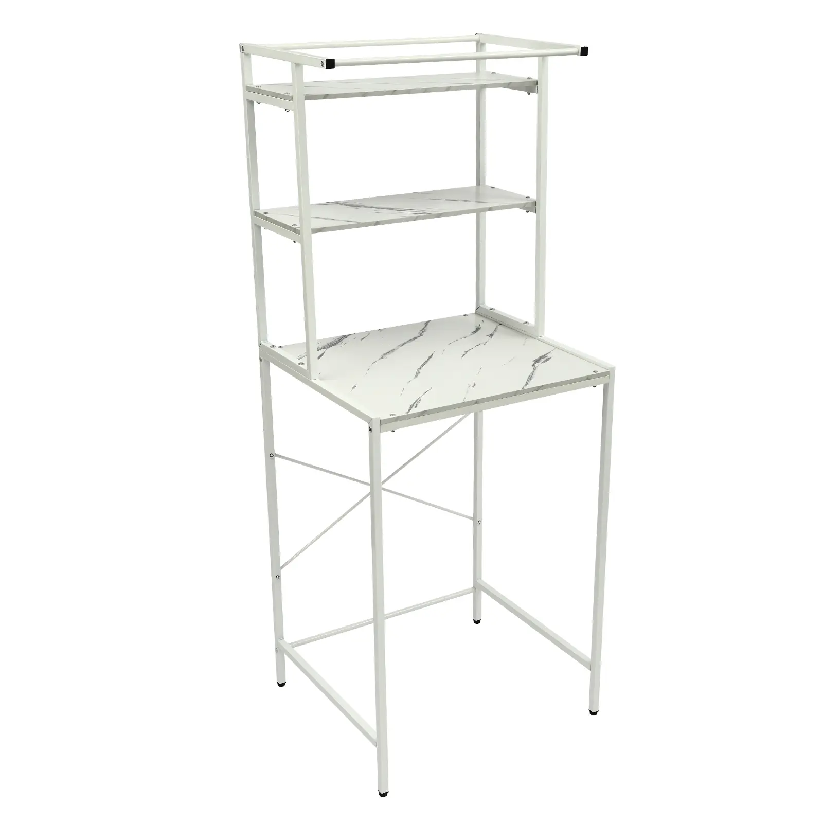 3-tier modern bathroom storage rack made of medium-density fiberboard (MDF) with iron and rubber components, white marble colorway, sprayed finish, freestanding multi-layer design, heavy-duty organizer for washing machines and dryers