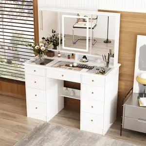 FUFUGAGA-43.3"W Vanity Desk With 9 Drawers, Makeup Desk With 3-Mirror And Touch Screen Light, Dressing Makeup Table For Bedroom