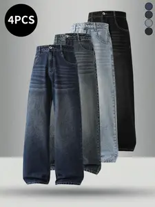 4-pack men’s jeans for autumn/winter, high cotton content, simple versatile straight-leg classic vintage jeans—men’s pants suitable for everyday commuting and casual wear.