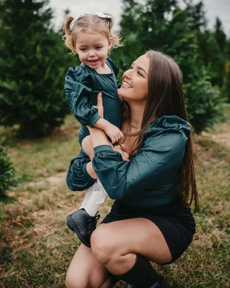 Mommy and Me Holiday Outfit | Baby Girl Leotard & Women’s Satin Sleeve Top | Evangeline Pine Green | Matching Mom and Daughter Outfit for Photos & Christmas