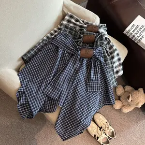 Retro preppy style irregular plaid midi skirt new summer design unique tie-up A-line mini skirt