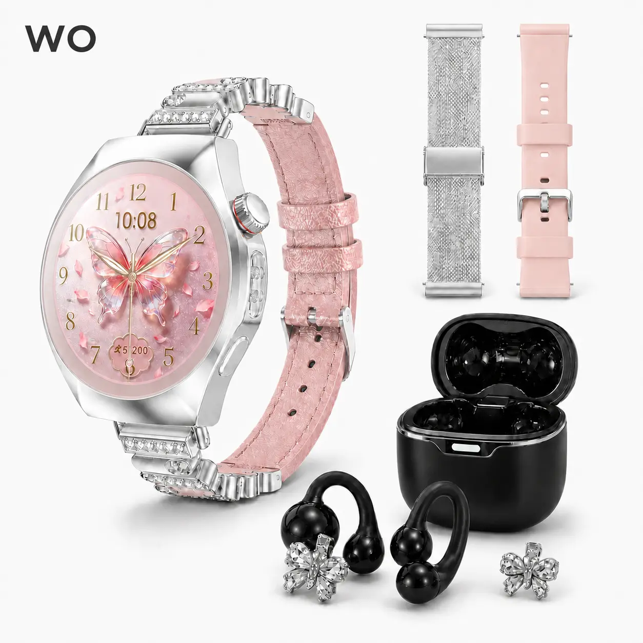 WO Smart Watch with Earbuds and 3 Straps Set - Smartwatch for Women with Interchangeable Butterfly Charms, Bluetooth Calling, Activity & Fitness Tracker, Wireless Charger, IP67 Waterproof, Compatible with iPhone & Android | Women's Gifts, Cool Gadgets