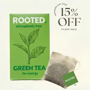 Rooted Organic Green Tea - Microplastic Free, Stitched Cotton Bags, Light Caffeine, Plastic Free 12 Total Bags