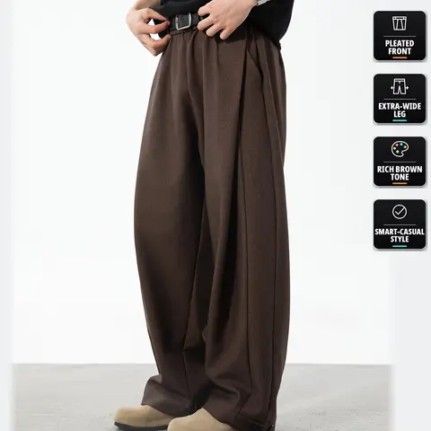 Men's High Rise Comfy Long Pants Baggy Wide Leg, Pleated, Plain, Below the Ankle, Machine Washable Retro Streetwear Menswear Trousers