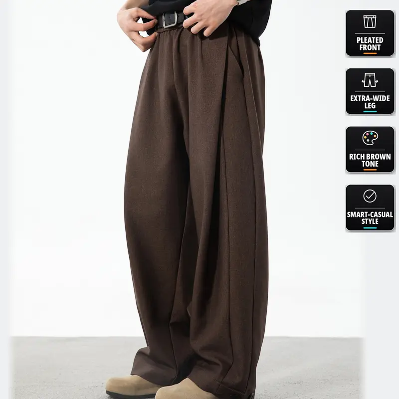 Men's High Rise Comfy Long Pants Baggy Wide Leg, Pleated, Plain, Below the Ankle, Machine Washable Retro Streetwear Menswear Trousers