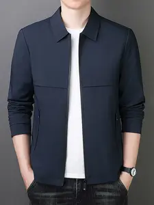 Men's Business Jacket, Solid Color Simple Zip Pocket Turn-Down Collar Zip-Up Cardigan Outerwear, Casual Spring & Fall Loose-Fit Top