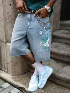 Unisex Y2K street style denim shorts with vibrant floral print, washed and trendy casual style. Suitable for y2k clothing, streetwear, couple outfits, high street culture, hip-hop and rap, men's gifts and couple outfits, back-to-school season