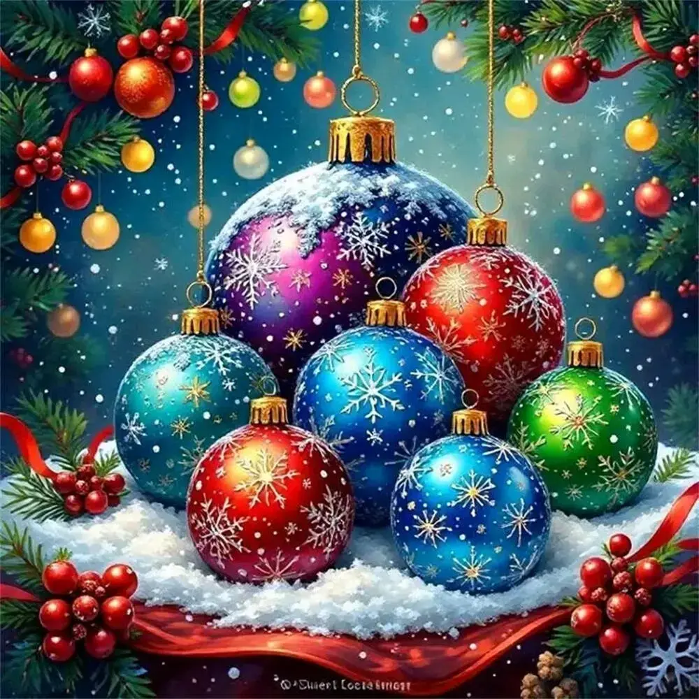 Colorful Christmas Snowflake Baubles Ornaments 5D Full Drill Diamond Painting Kit Handcraft Winter Holiday Pine Berry Snow Art DIY Cross Stitch Mosaic Craft Festive Home Wall Decor Handmade Gift for Christmas Lovers