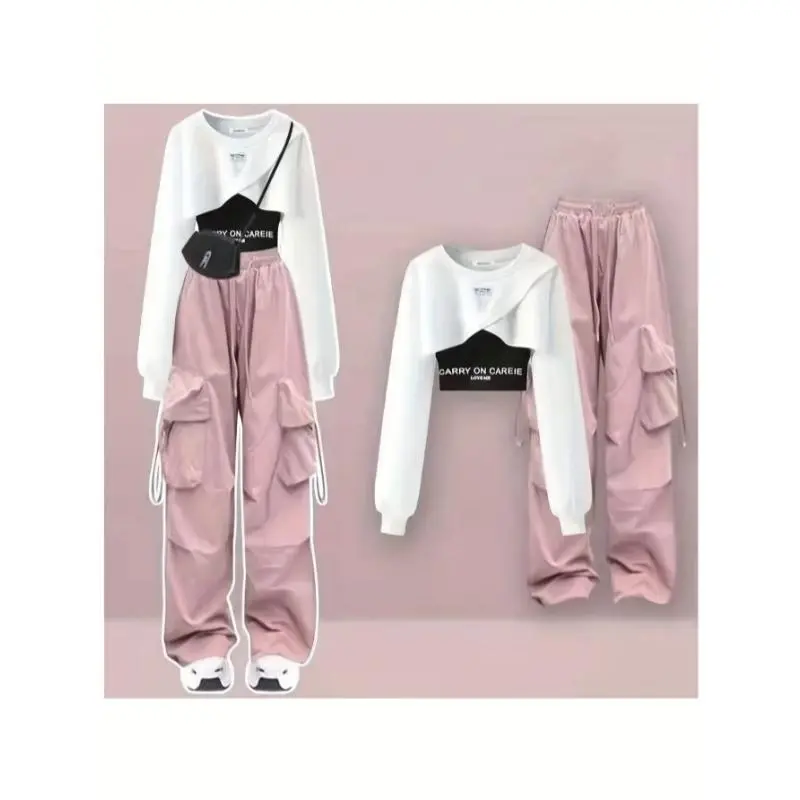 and Autumn Work Style Set Women Loose Design Sweatshirt + Suspenders + Work Wide Leg Pants Three Piece Set  Clothes Casual Fathersdaygift FabricGift