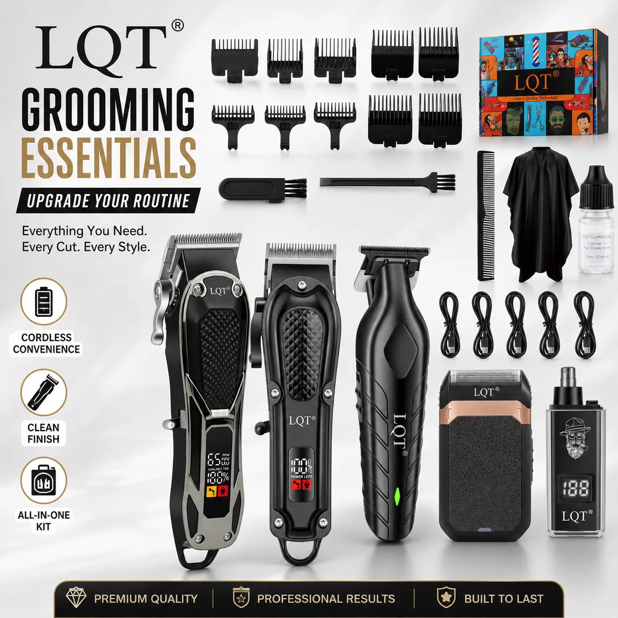 Men's 5-Piece Professional Barber Clippers Kit - USB Rechargeable Grooming Set for Birthday, Father’s Day, All Hair Types, with LCD Display, Adjustable Blade Clippers, Precision Trimmer, Complete Accessories