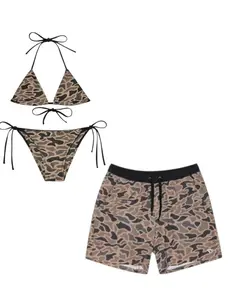 Aesthetic Camo Matching Couple Swimsuit Set - Classic Duck Camouflage Pattern Beachwear for Him and Her - High-Quality Comfortable Swimwear for Summer Holidays, Pool Parties, and Beach Hangouts
