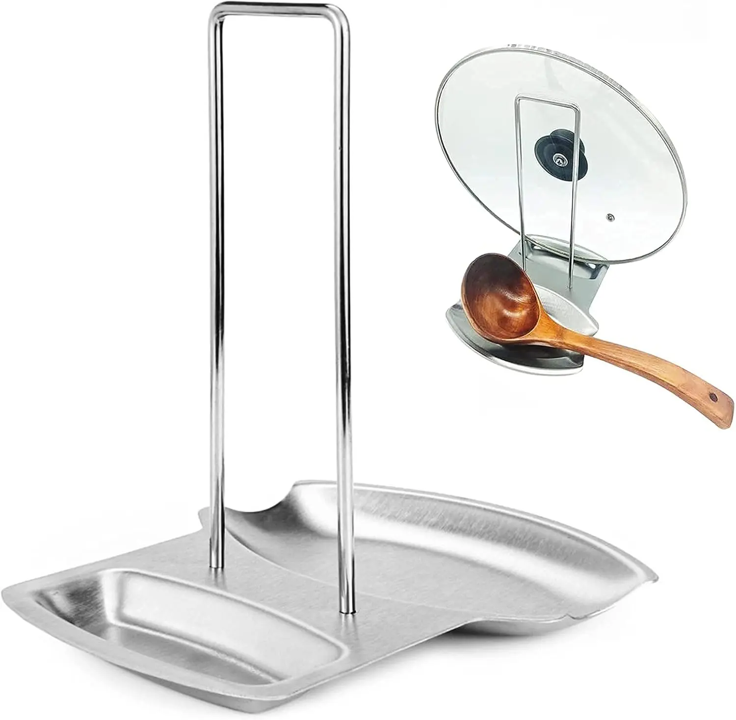 Stainless Steel Kitchen Pan Lid Holder with Spoon Rest & Spatula Tray - Portable Kitchenware Tableware Organizer for Cooks, Desktop Clutter Solution, Fits Any Size Spoon or Spatula, Lightweight