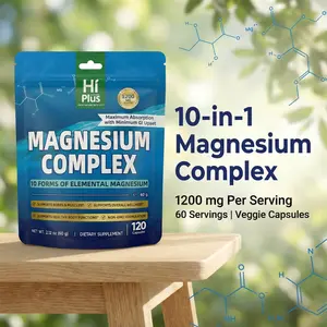 HiPlus Magnesium Complex Supplement 1200mg - 10 Essential Magnesium Types, Supports Muscle & Nerve Health, Bone Health, Relaxation, Sleep & Stress Relief, 120 Dietary Fitness Capsules