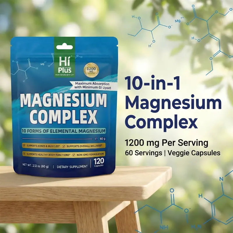 HiPlus Magnesium Complex Dietary Mineral Supplement Bottle - 1200mg, 10 Forms Mg, 120 Capsules, 24 Months Shelf Life, Prop 65 Safe, Muscle Therapy, Nerve/Bone Health, Fitness Support, Adults Daily Use