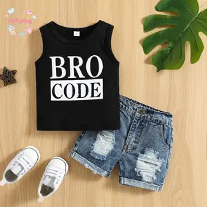 Baby Toddler Boys Summer Outfit Set, Round Neck Sleeveless Letter Print Tank Tops with Ripped Denim Shorts