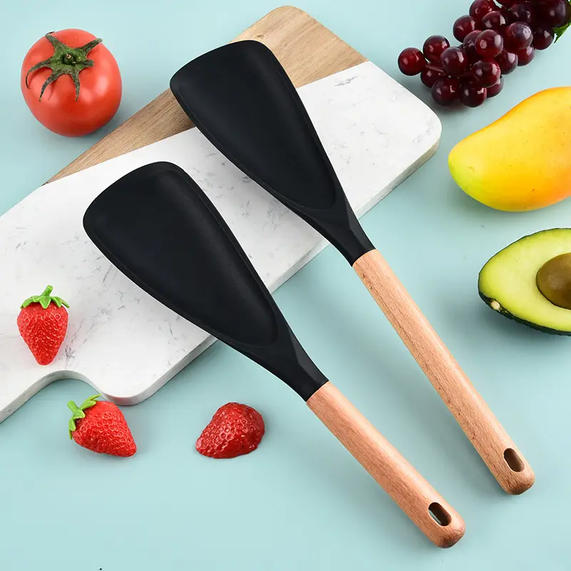 2-Pack Black Silicone Spoons with Wooden Handles - Anti-Scratch Long/Short Utensils, Non-Stick Pan Safe, Hot Food & Salad Compatible Modern Home Kitchen Tools