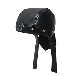 Black Leather Head Wrap, Unisex Punk Pirate Hat, Stretch Skull Cap for Motorcycle, Cycling, Music Festival & Party Costume
